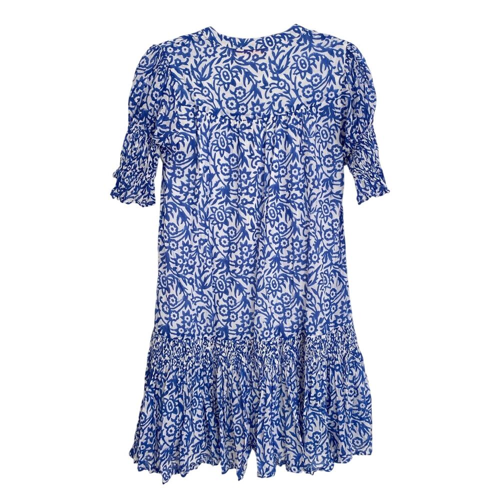 OLIPHANT Tuckernuck Smocked Drop Waist Mini Dress Cypress Blue Print S - Picture 8 of 10